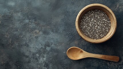Aufkleber - A rustic ceramic bowl filled with chia seeds, with a wooden spoon placed next to it, all set on a textured surface to capture the essence of healthy eating and natural ingredients.