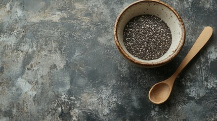 Aufkleber - A rustic ceramic bowl filled with chia seeds, with a wooden spoon placed next to it, all set on a textured surface to capture the essence of healthy eating and natural ingredients.