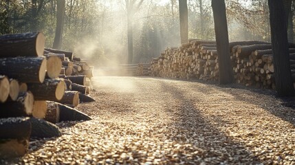 Poster - A sunlit wood processing site with a dense layer of wood chips lining the path and neat stacks of logs, reflecting the efficient and responsible use of forest resources