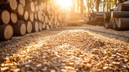 Aufkleber - A wood processing site showing a thick layer of wood chips spread across the ground with neat logs stacked in the sunlight, reflecting efficient and eco-friendly material handling