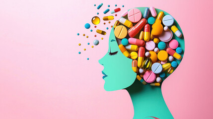 Wall Mural - colorful paper cutout of silhouetted head filled with pills, symbolizing mental health