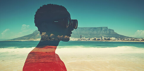 Poster - A double exposure of a person against a beach and mountain backdrop, creating a surreal effect.