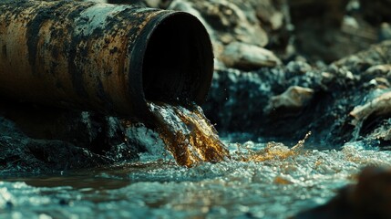 Aufkleber - Close-up of dirty, rusty, oily water pouring from a broken sewer pipe into a grimy water body, symbolizing pollution and environmental decay