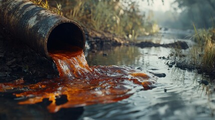 Aufkleber - Close-up of dirty, rusty, oily water pouring from a broken sewer pipe into a grimy water body, symbolizing pollution and environmental decay