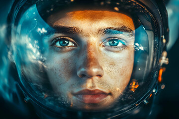 Poster - Close-up of a young astronaut's face inside a helmet, reflecting determination and focus.