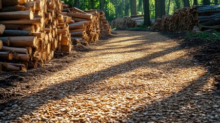 Poster - Sunlight casts shadows over a path lined with wood chips in a processing area, with neatly stacked logs in the background, emphasizing sustainable forestry practices
