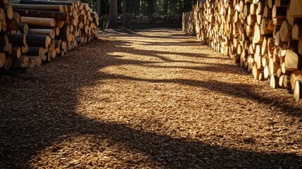 Poster - Sunlight casts shadows over a path lined with wood chips in a processing area, with neatly stacked logs in the background, emphasizing sustainable forestry practices