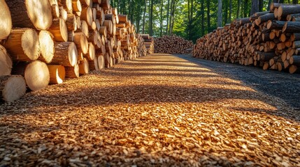 Poster - Sunlight casts shadows over a path lined with wood chips in a processing area, with neatly stacked logs in the background, emphasizing sustainable forestry practices