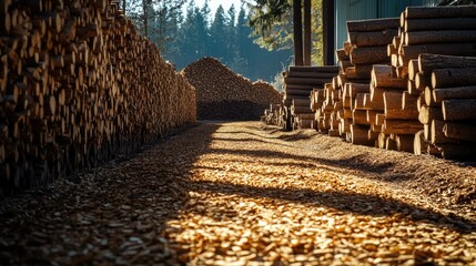 Poster - Sunlight casts shadows over a path lined with wood chips in a processing area, with neatly stacked logs in the background, emphasizing sustainable forestry practices