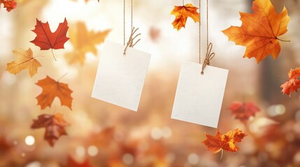 Aufkleber - Two rectangular promotional labels hanging in the air, surrounded by flying autumn leaves, creating a dynamic and seasonal feel, perfect for autumn sales or marketing campaigns