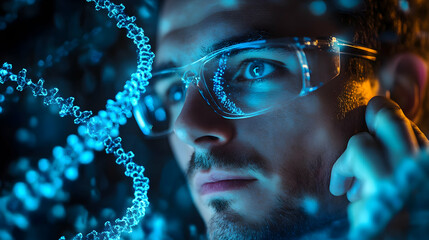 Poster - A focused individual wearing glasses, contemplating scientific concepts with a backdrop of DNA strands.
