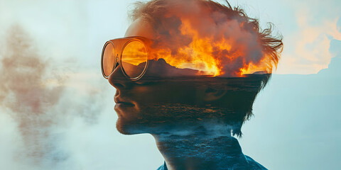 Poster - A double exposure image of a person with a fiery landscape reflected in their sunglasses.