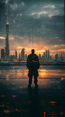 Poster - A silhouetted figure stands against a futuristic city skyline at sunset.