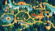 © hazia - Illustrated map of a whimsical amusement park with rivers, buildings, and attractions.