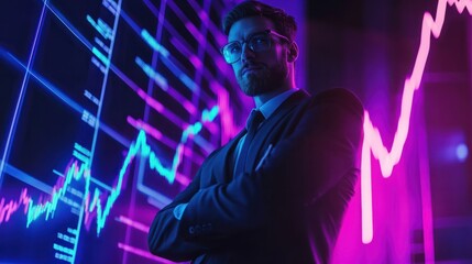 Poster - Entrepreneur Posing with Neon Financial Data