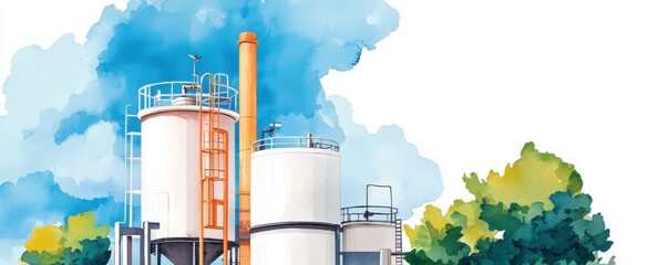 Poster - A vibrant illustration of industrial storage tanks, featuring an orange smokestack against a backdrop of blue clouds and green foliage.