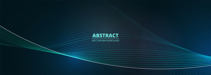 Poster - Dark blue vector wide abstract banner with glowing blue wavy lines. Elegant digital technology wide abstract background with blue dynamic waves. Vector illustration