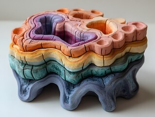 Poster - Captivating layered organic sculpture with vibrant and textural geometric forms crafted from clay or ceramic materials showcasing a contemporary and visually striking three dimensional design