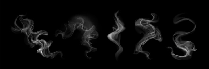 smoke clouds set isolated on black background. vector realistic illustration of abstract steam effec