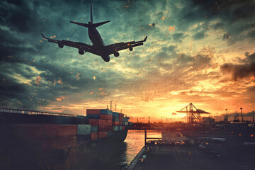 Wall Mural - Cargo ship docked at container yard with airplane flying against a stunning sunset sky over bustling freight transportation