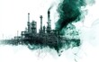 © Who is Santi - A detailed abstract sketch of an oil production plant surrounded by green smoke, done in industrial style with white and dark emerald tones.