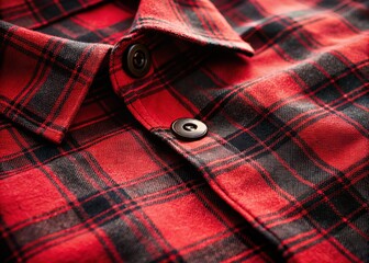 Close-Up of Red and Black Tartan Flannel Shirt Texture with Button Detail in Low Light - Perfect for Fashion and Textile Illustrations