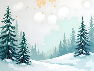 Wall Mural - Serene winter landscape with snow covered pines and gentle gold accents, digital painting of scenic illustration concept.