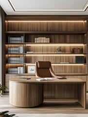 Poster - Bright office interior with desk, chair, and bookcase. Design and workplace concept. 3D Rendering