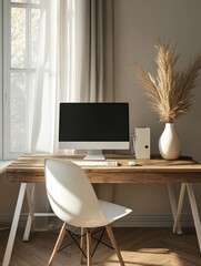 Poster - Modern homme office work place with modern computer on wooden table, parquet, white chair and stylish white vase. 3D rendering