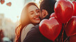 Love forever. Excited and happy couple in love are hugging, kissing and celebrating the St Valentines day