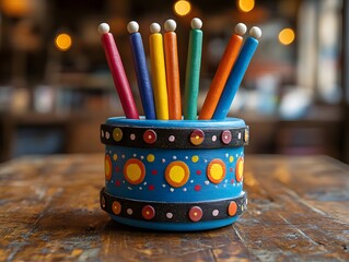 Poster - arrangement of various colored pencils organized in a wooden holder placed on a rustic wooden desk  Creative office or school supplies stationery and tools for drawing writing and painting