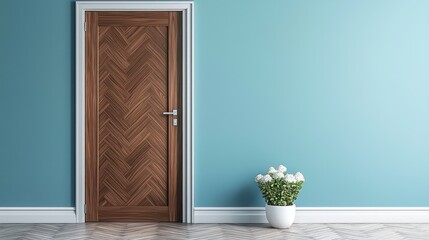 Wall Mural - A serene room with walnut herringbone door, pastel blue walls, and light decor.