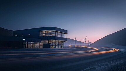 Aufkleber - a nighttime aerial view of a wind farm with lights marking turbine positions.