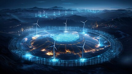 Poster - a nighttime aerial view of a wind farm with lights marking turbine positions.