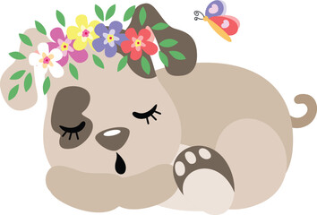 Wall Mural - Cute puppy sleeping with wreath floral on head