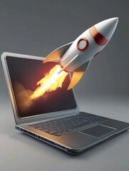 Poster - Startup concept with rocket flying out of laptop screen on grey background. 3D Rendering