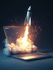 Poster - Startup concept with rocket flying out of laptop screen on dark blue background. Sideview, 3D Rendering