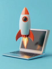 Poster - Startup concept with rocket flying out of laptop screen on blue background. Sideview, 3D Rendering