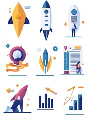 Poster - Successful project launch, corporate strategy presentation, financial development icons set. Startup, vision statement, business growth metaphors. Vector isolated concept metaphor illustrations
