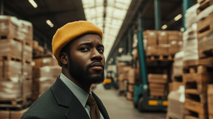 Wall Mural -  An African-American man in a yellow beanie and suit stands in front of a warehouse full of boxes