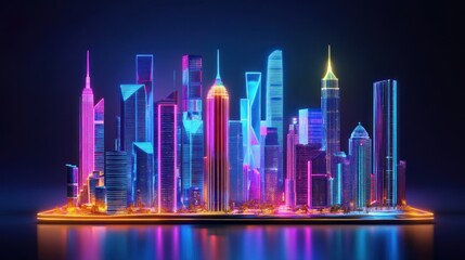 Poster - Neon Cityscape Illuminated Skyscrapers Glowing Night