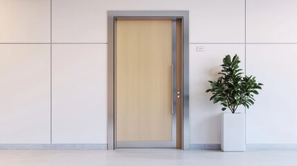 Wall Mural - Contemporary hallway with white wall cabinets and high-end entrance door.