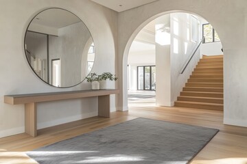 Wall Mural - Minimalist entryway with gray rug, large round mirror, and light oak console table.