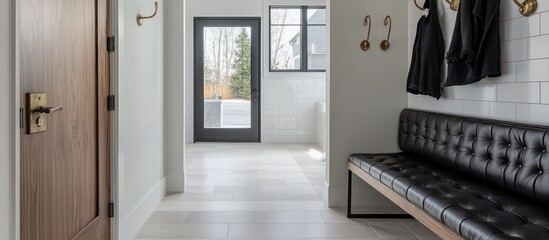 Wall Mural - A minimalist mudroom with a leather bench, walnut floors, and tall windows for light.