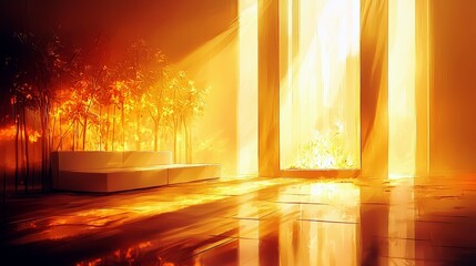 Poster - Serene Indoor Space with Warm Golden Light and Floral Elements