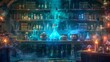 © Sunny - A background of a witch’s potion room filled with bubbling cauldrons, shelves of spell books, potion bottles, and eerie green lighting, magical and spooky