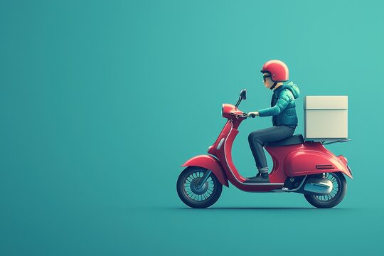 Cartoon delivery person riding a red scooter with package