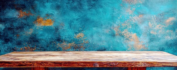 Aufkleber - Wooden Table on Vibrant Blue and Orange Textured Background