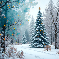 Wall Mural - serene winter scene with snow covered trees and glowing ornaments, digital art of landscape concept.