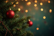 © draftseptember - A festive Christmas scene with a wooden table adorned with a garland of pine branches, red bows, pine cones, and fairy lights against a warm, bokeh background.